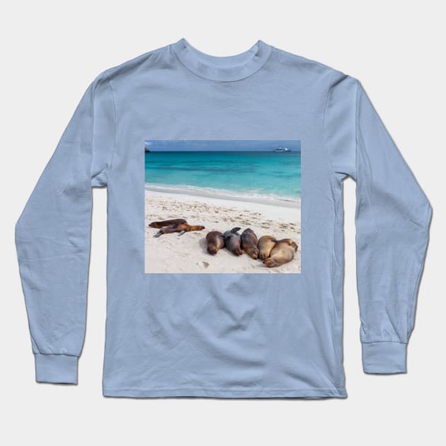 Sea Lions Resting on Galapagos Beach Long Sleeve T-Shirt by SafariByMarisa